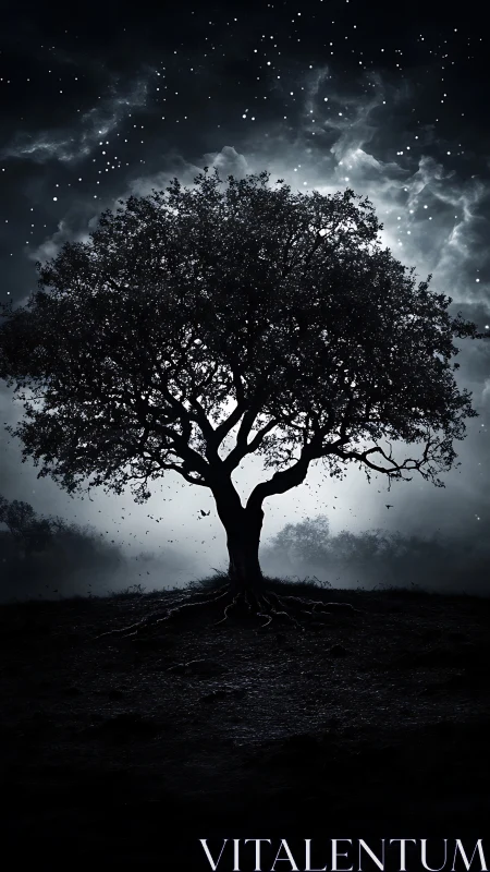 Silhouetted night tree stands against luminous stellar haze