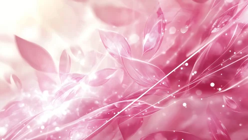 Soft pink leaves drift gently in a dreamy glowing light