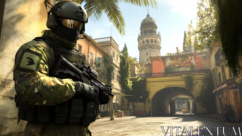 Tactical operator in camo gear securing sunlit European street
