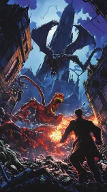 Dynamic comic-style infernal kaiju battle in ruined cityscape.