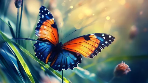 Bright butterfly resting in dreamy, glowing garden light.