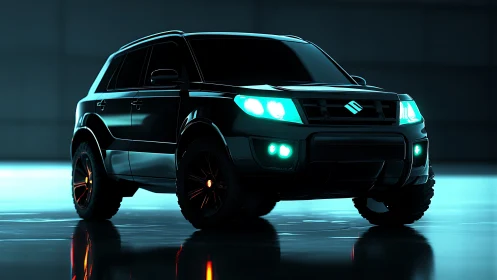 Black SUV showcases neon headlights in glossy studio.