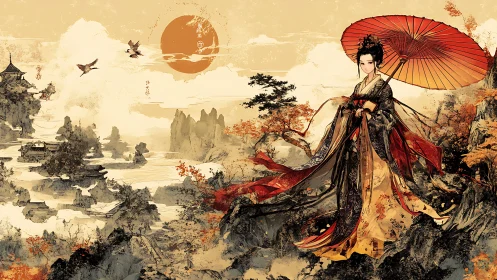 Elegant courtesan under crimson parasol in autumn mountains.