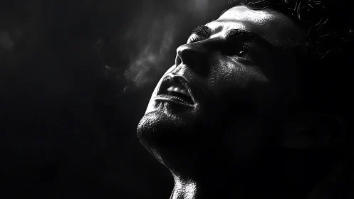 Glimmering face in darkness, quietly reaching for the light.