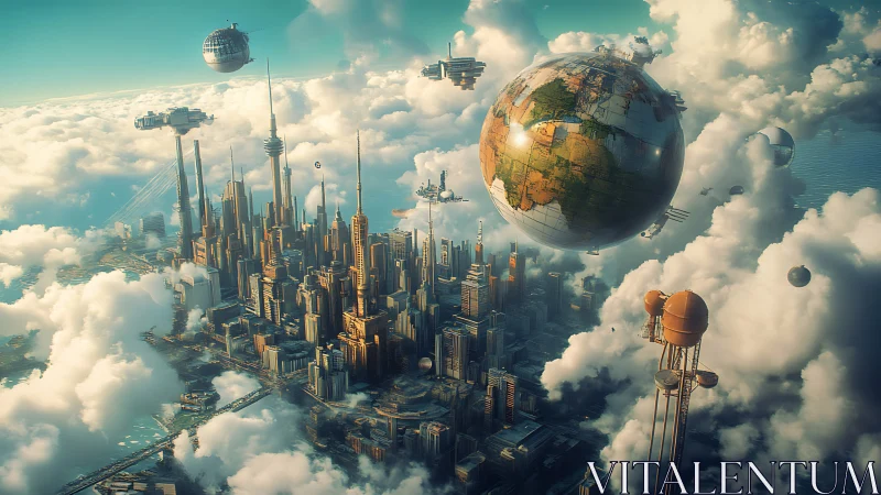Futuristic cloud city rises beneath orbiting world spheres