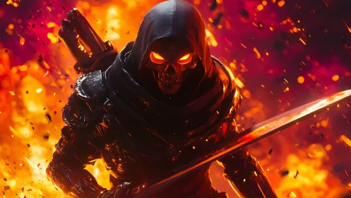 Hooded flame reaper striding through molten twilight.