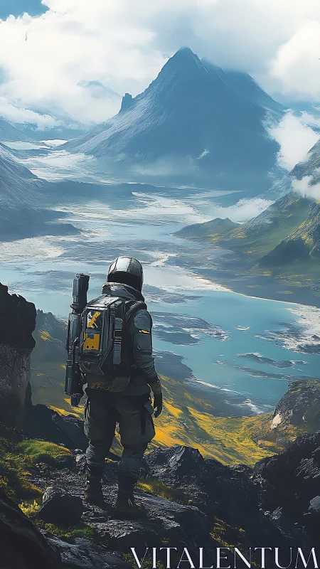 Lone astronaut surveys glacial alien valley under towering peaks.