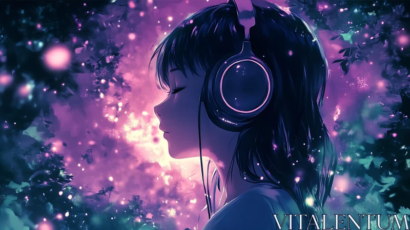 Side profile of headphone user in neon-lit digital forest