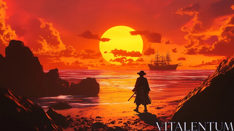 Silhouetted swordsman watches distant ship at vivid sunset