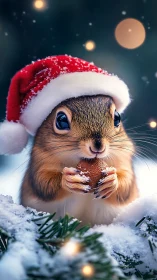 Tiny cookie thief in a Santa hat savors snowy holiday magic