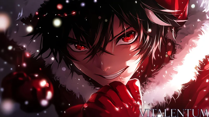 Dark-eyed anime Santa smirks through swirling winter lights.
