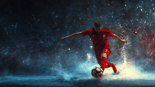 Soccer player in red striking ball on wet dramatic field.