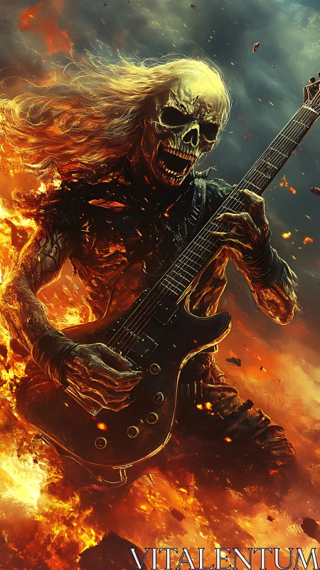 Flaming skeletal guitarist plays electric guitar mid inferno