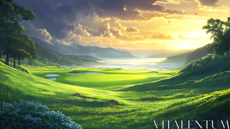 Sunlit fairway dreaming toward a misty lakeside horizon.