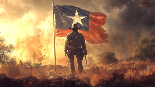 Lone cowboy stands proud beneath a weathered Texas flag.