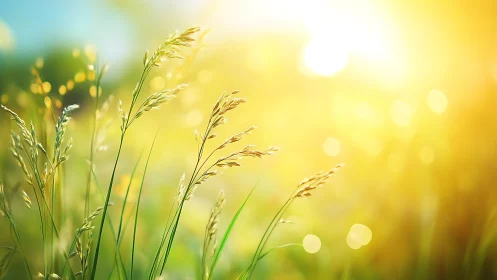 Backlit grass blades rendered with shallow depth of field bokeh