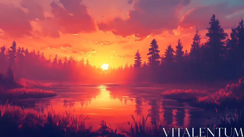 Sunset illuminates forest lake with saturated warm light