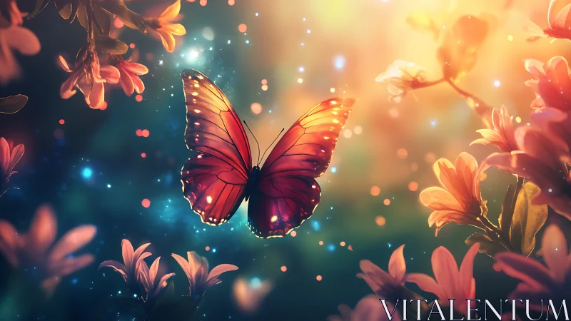 Butterfly with red wings among illuminated spring flowers.