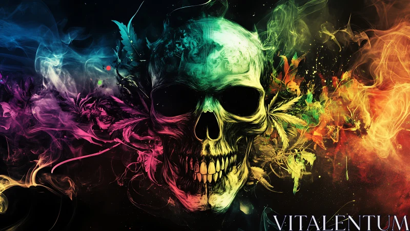 Vivid multicolor skull with swirling smoke and foliage art.