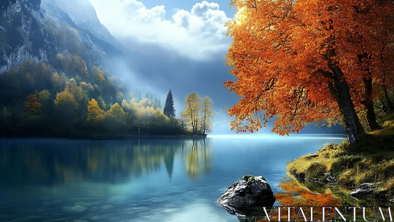 Autumn ember tree guarding a mist-kissed mountain lake.