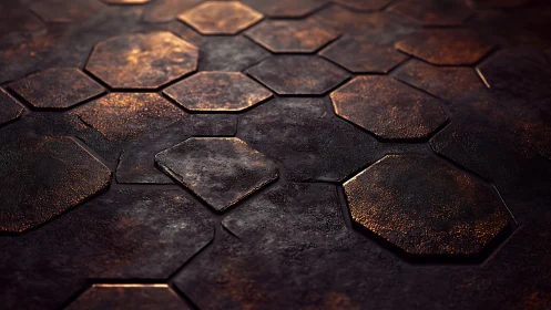 Molten ember hex tiles gleam across a forged dusk floor.