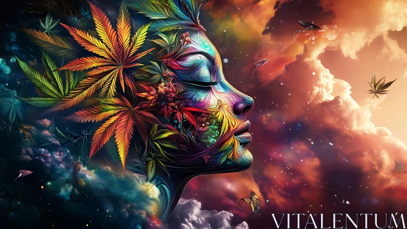 Psychedelic female profile merges with cosmic cannabis leaves