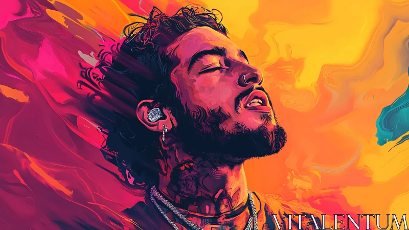 Vibrant digital portrait of man immersed in neon soundscape.