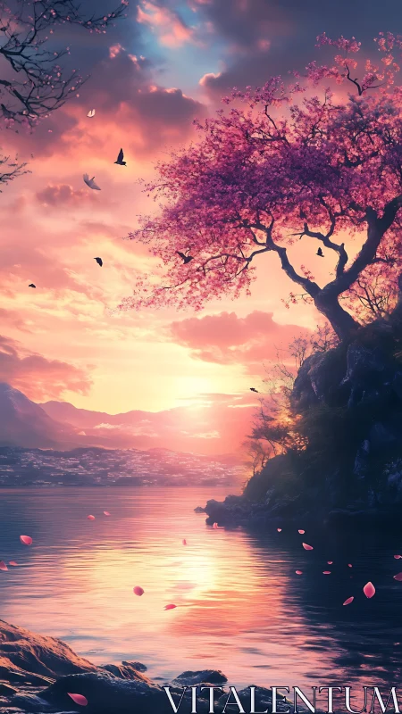 Digital painting of sakura shoreline at luminous sunset glow.