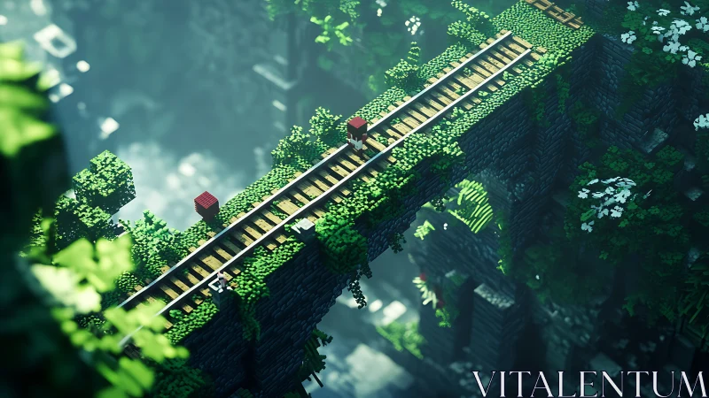 Voxel jungle rail bridge crossing lush misty ravine.