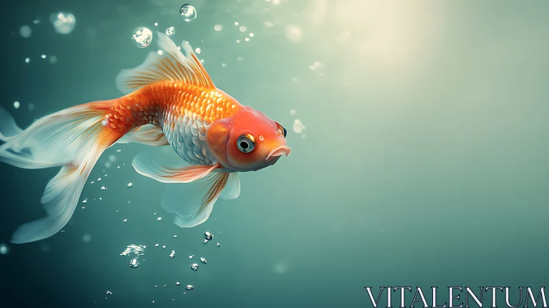 Orange goldfish in clear teal water with rising bubbles.