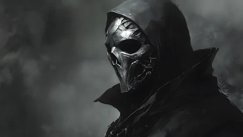 Hooded figure wears fractured metal skull mask in fog
