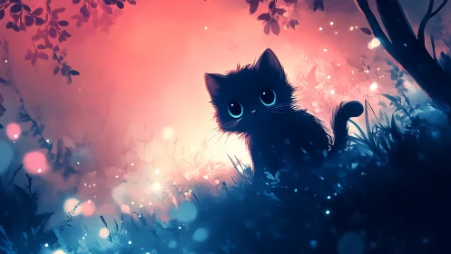 Black Cat with Glowing Eyes in Magical Twilight Forest