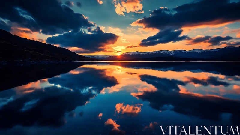 Sunset over still lake mirrors blazing clouds and peaks.