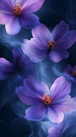 Ethereal Purple Blooms Float in Dreamlike Blue Mist.