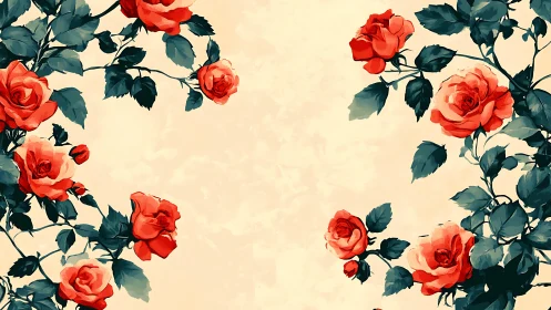 Botanical Composition with Vibrant Red Roses on Cream Background.