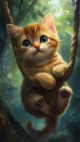 Ginger kitten grips forest rope swing in soft glowing light.