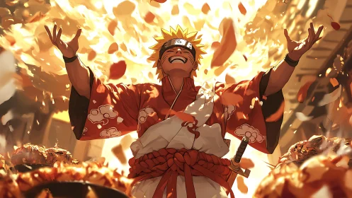 Anime figure in festival robe amid flame and petals.