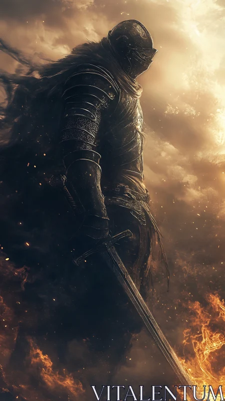 Armored warrior stands in burning dusk battlefield with sword