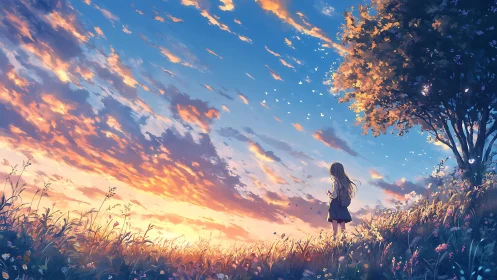 Quiet meadow sunset with a daydreaming girl beneath a tree.