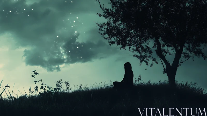 Silhouetted figure watches glowing night sky under tree