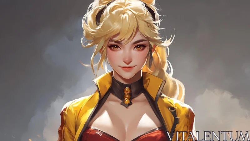 Golden haired heroine in yellow jacket, cinematic lighting.