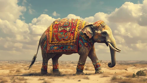Colorful desert elephant strolls under a wide dreamy sky