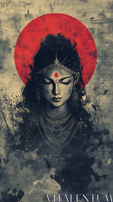 Digital painting of serene goddess icon with red solar halo.