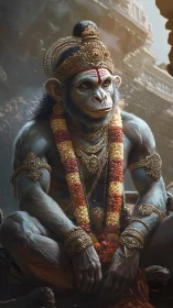 Divine simian deity in ornate gold regalia, temple backdrop.