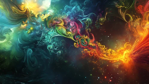 Turbulent multicolor nebula rendered as swirling fluid dynamics