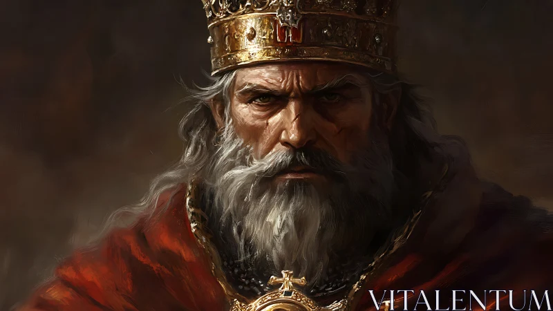 Storm-eyed elder king in ember-lit regalia of judgment.