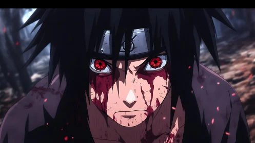 Bloodied anime warrior stares ahead with burning red eyes
