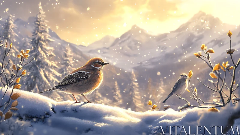 Two Birds in Snowy Mountain Forest at Sunrise, Digital Art Style.