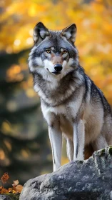Autumn-lit gray wolf profile on rock, telephoto depth isolation.