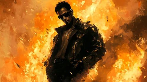 Figure in dark coat before intense orange fire background.